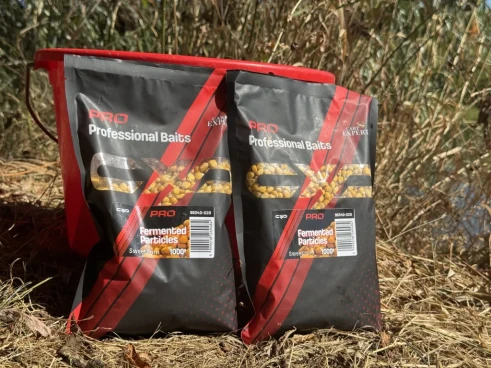 Assorted premium prepared particle baits for carp fishing, including tiger nuts, corn, and blends, shown in a professional flat-lay composition.