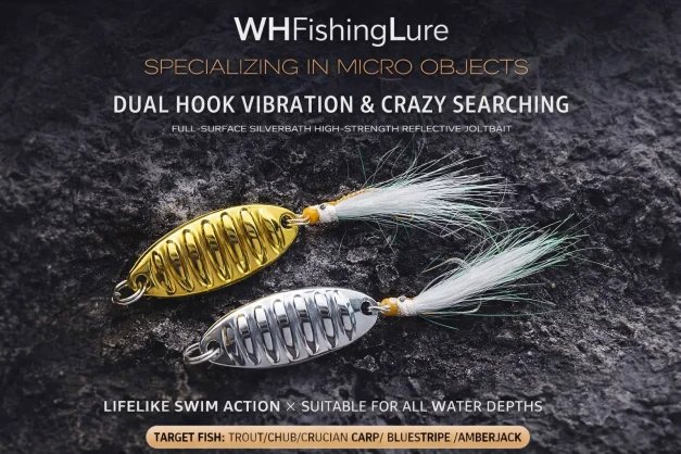 Ultralight micro spoon lure with dual treble hooks, full-body reflective finish, and lifelike swimming action for freshwater predator fishing.