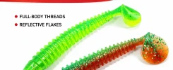 Ribbed T-tail soft plastic swimbait featuring reflective flakes, salt-infused material, and a realistic swimming action for freshwater predator fishing.