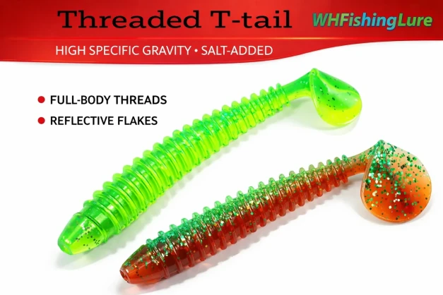 Ribbed T-tail soft plastic swimbait featuring reflective flakes, salt-infused material, and a realistic swimming action for freshwater predator fishing.