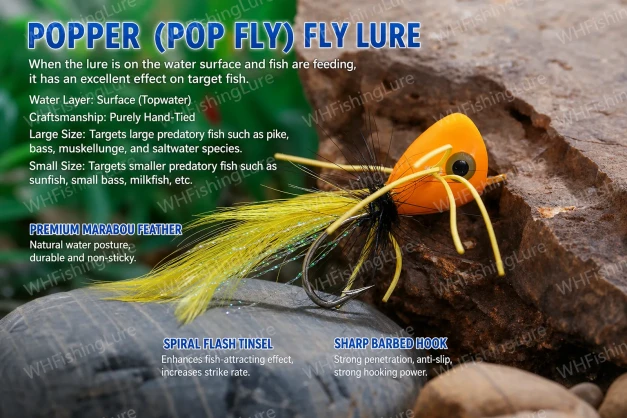 Hand tied Popper Fly Lure floating on water surface for bass fishing