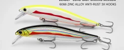 Long casting sinking minnow lure featuring streamlined body, zinc alloy construction and three anti-rust treble hooks