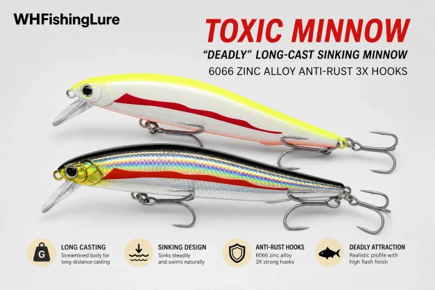 Long casting sinking minnow lure featuring streamlined body, zinc alloy construction and three anti-rust treble hooks